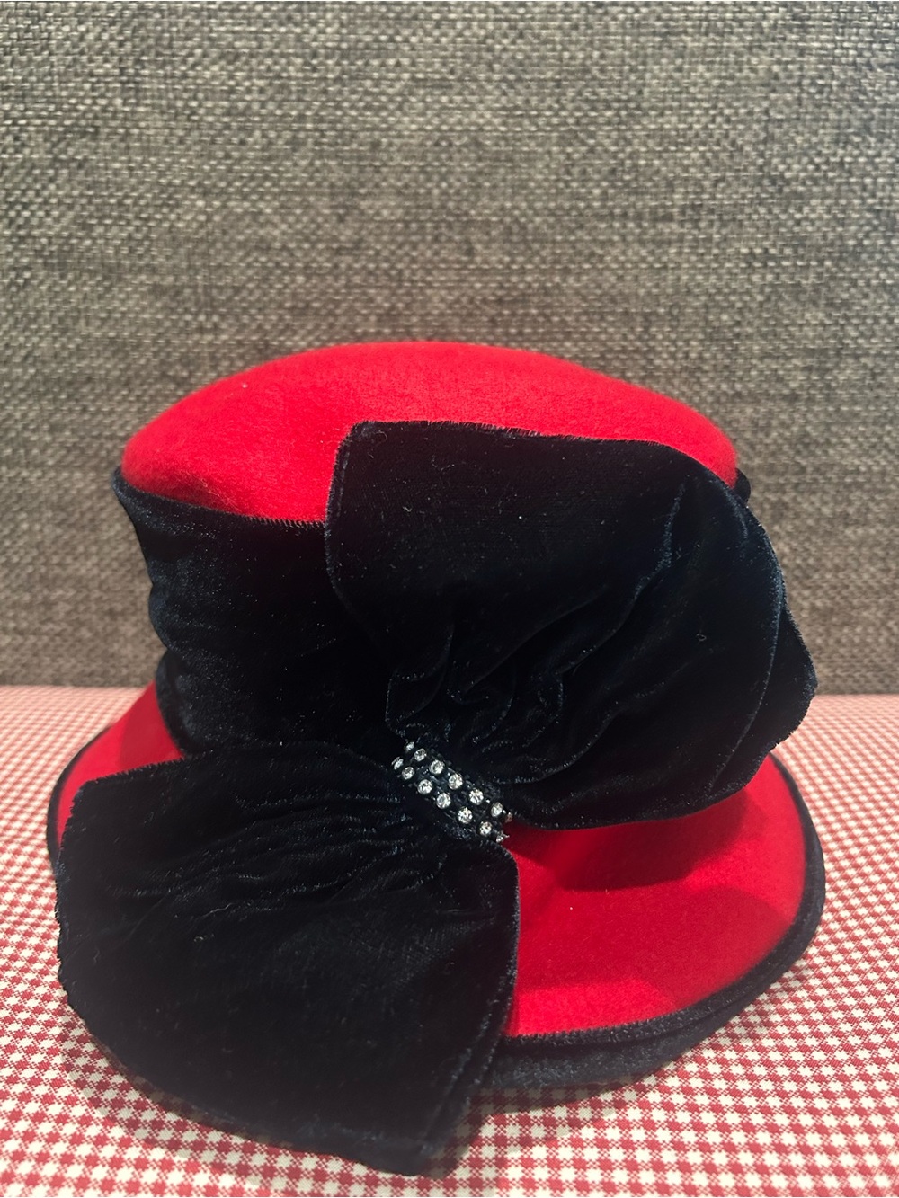 Vintage Women's Red Velvet Decorative Hat with Black Velvet Bow 100% Wool